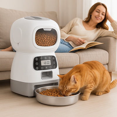 distributeur-de-croquettes-chat-connecte-couverture-avec-femme-sur-sofa