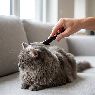 Brosse chat poil long​ sur canapé