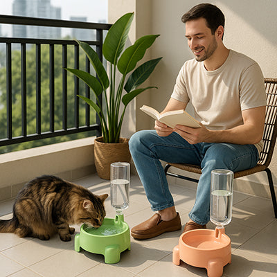 distributeur-eau-chat-couverture-homme-assis