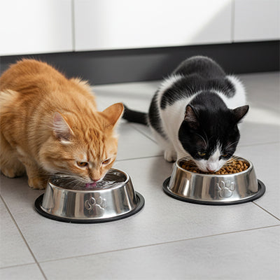 gamelle-pour-chat-roux-buvant-et-chat-noir-et-blanc-mangeant