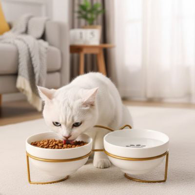 gamelle_chat_surelevee_double_bols_modele_noir_et_chat_blanc