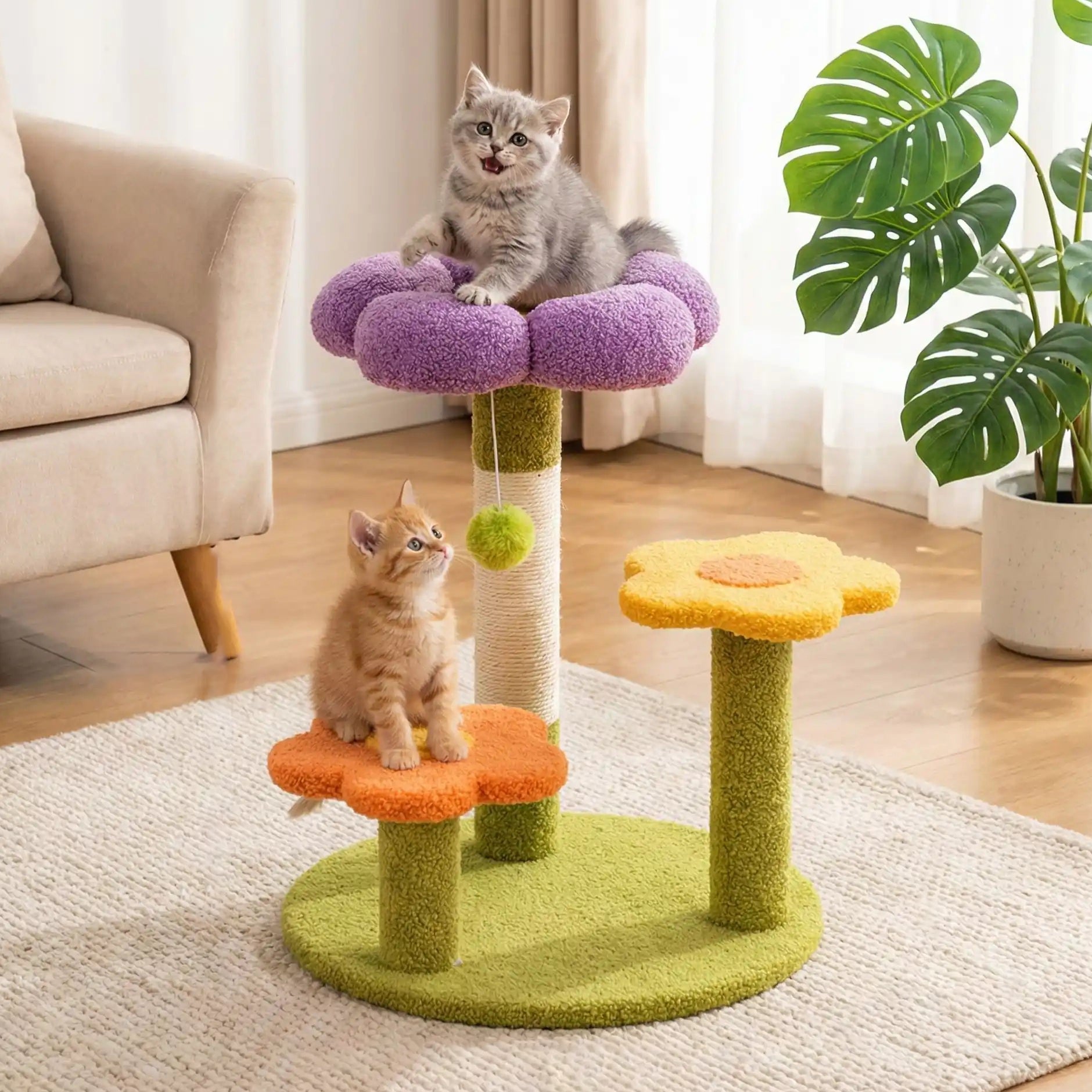 petit-arbre-a-chat-design-floral-avec-deux-chatons