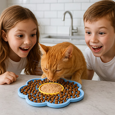 tapis-de-lechage-pour-chat-fleur-avec-deux-enfants